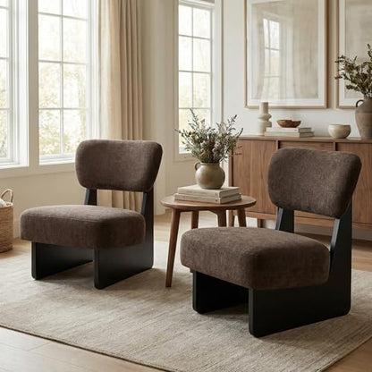 Christopher Knight Home Mores Low Profile Accent Chair Set of 2, Modern Living Room Armless Lounge Chair, Fabric Comfy Reading Chair for Bedroom, Wooden Frame and Thick Padded Seat, Black+Dark Brown - color: Black+dark Brown