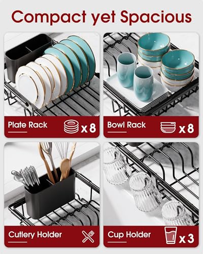 Sakugi Dish Drying Rack in Sink - Expandable Stainless Steel Dish Rack Over the Sink, Kitchen Sink Drain Strainer with Cutlery Holder & Cup Holders, 15.4 x 9.8 x 3.0 Inch, Black - color: Black, size: Standard - 15.4" × 9.8" × 3"