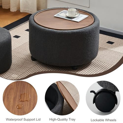 28 Inch Round Storage Ottoman with Wheels Set of 2, Multifunctional Coffee Table Ottoman with Removable Solid Wood Lid, Modern Circle Ottoman Foot Rest for Living Room, Bedroom, Dark Gray - color: Dark Gray