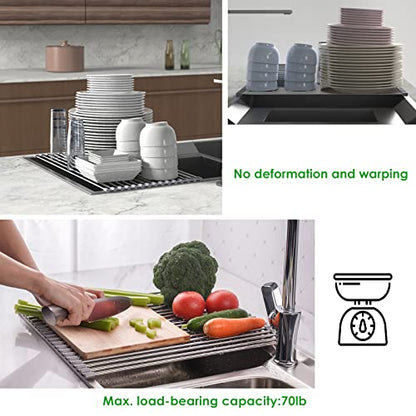 Tomorotec Roll Up Dish Drying Rack Over Sink, SUS304 Steel, 21x11.8, Gray | Heat Resistant to 550°F With Non-Slip Silicone Grips, Multipurpose Trivet for Hot Pots, Dishwasher Safe - size: 21" x 11.8"