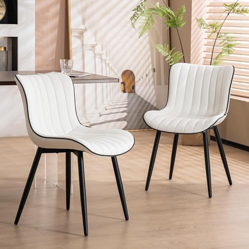 YOUNUOKE Dining Chairs Set of 2 Mid-Century Modern Kitchen Chairs White | Faux leather upholstered with Back, fits dining living waiting room guest reception. Waterproof easy to clean assemble, 300lb - color: White