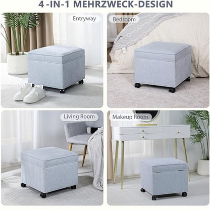 17" Square Storage Ottoman with Wheels, Upholstered Linen Movable Cube Footrest & Extra Seat with Flip Top for Living Room, Bedroom, Blue Grey - color: Blue Grey With Wheels