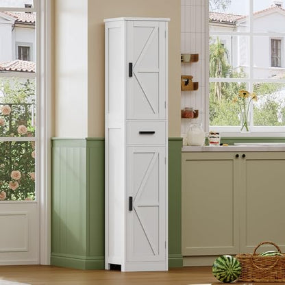 TEENFON 67 Tall Bathroom Cabinet with 6 Shelves & 1 Drawer, Narrow Storage Cabinet with Adjustable Shelves, Silm Cabinet for Living Room, Kitchen, White - color: White-2