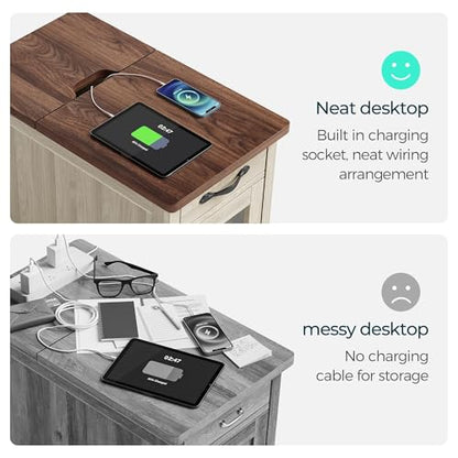 LINSY HOME End Table with Charging Station, Modern Farmhouse Wooden Side Table with Drawer, Detachable Holder, Extra Storage & Display Space, for Living Room and Bedroom, Glass Door, Washed Grey | Built-in Charging Station with USB & Outlet, Drawer Storag