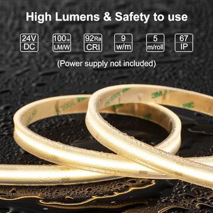 LLTOP COB LED Strip Lights Waterproof IP67 24VDC Warm White 3000K 16.4FT | CRI 92Ra+, Outdoor LED Tape Lighting, DIY Cuttable, For Bedroom Kitchen Cabinet Shelf (Power Supply Not Included) - color: Warm White 3000K (power supply not included)