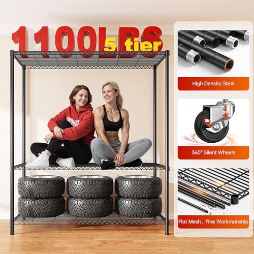REIBII 45"W 5-Tier Storage Shelves with Cover & Wheels, 1100 lbs for pantry | 17.7''Dx72.8''H, UV/Waterproof zippered cover, Side pockets, Wheels lockable&removable, Height adjustable, Tool-free, Garage - size: 45" W x 17.72" D x 72.83" H