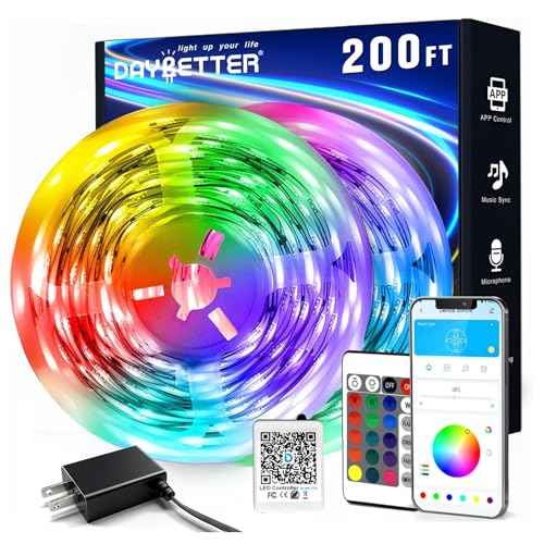 DAYBETTER LED Strip Lights 200 ft (2 Rolls of 100 ft), Smart App Control Lighting Bedroom Rome Decor with Remote, RGB Color Changing LED Lights for Party - size: 200FT