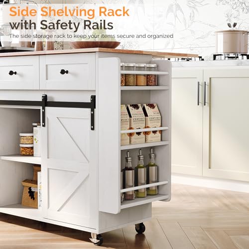 VINGLI 52" W Kitchen Island with Storage and Drop Leaf, Washed White | Farmhouse Rolling Cart with 3 Drawers, Sliding Barn Doors, Adjustable Shelves, Side Rack and Locking Wheels - color: White 2-box