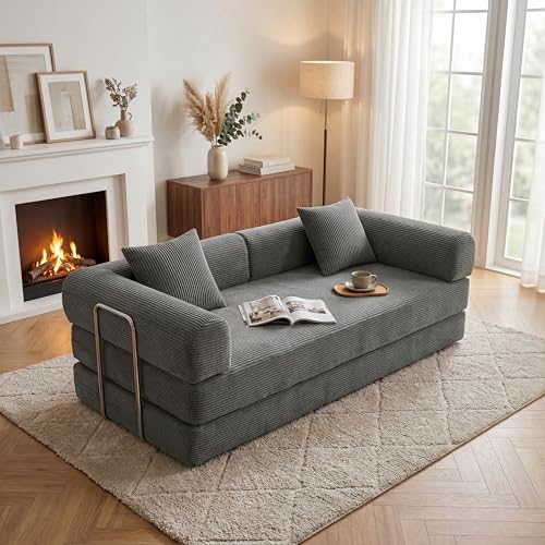 79" Boneless Couch,4-in-1 Futon Sofa Bed Modular Loveseat Sleeper Folding Compressed Couch with Pillows,No Assembly Required Convertible Sofa Bed for Living Room Bedroom Guest Room,Grey - color: Grey, size: 79” Sofa