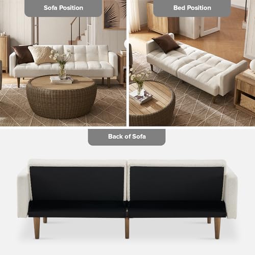 mopio 76.4" Futon Sofa Bed Tufted Styled, Sleeper Couch (Pearl White Boucle) - color: Aaron, Pearl White Boucle