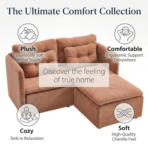 HNY 56.5" Modern Loveseat Sofa, Brown | 2-Seat Button Tufted Love Seat, Deep Seat Chenille Fabric With Pillow, Small Couch for Bedroom, Apartment, Home Furniture - color: Brown, size: 2 Seater-L Shape