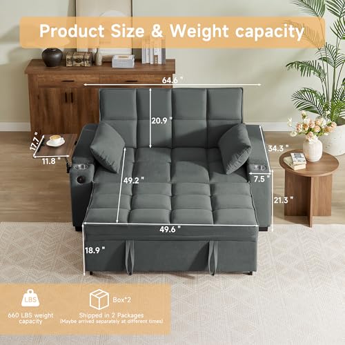65" 3-in-1 Sofa Bed, Pull Out Sleeper Sofa with 360° Swivel Side Table, Storage Armrests, Cup Holders & USB Charging Ports, Chenille Convertible Couch for Living Room - color: 1007-dark Gray-