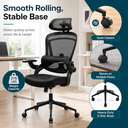 Ergonomic Office Chair, Home Office Desk Chairs with Adjustable Lumbar Support and Headrest, High Back Mesh Computer Desk Chair with 3D Flip-up Armrests & 360° Swivel Wheels, 275 LBS - color: Black With Lumbar Support