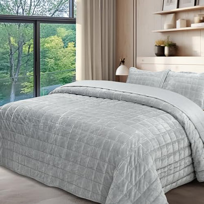 Velvet Quilt Queen Size, Luxury Soft Bedding Set, Lightweight Cozy Warm Quilted 3-Piece Velvet Coverlet Bedspread Set with 2 Pillow Shams for All Season Grey - color: Grey, size: Full/Queen(90"x98")