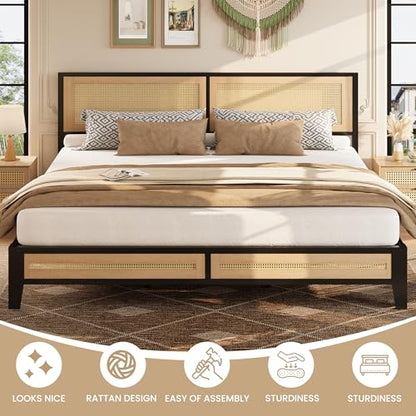 LIKIMIO King Rattan Bed Frame with Headboard, Boho Metal Platform Bed | Rattan headboard, 1100 lb support, metal slats, EVA pads, 9.8-inch underbed clearance, no box spring needed. - size: King