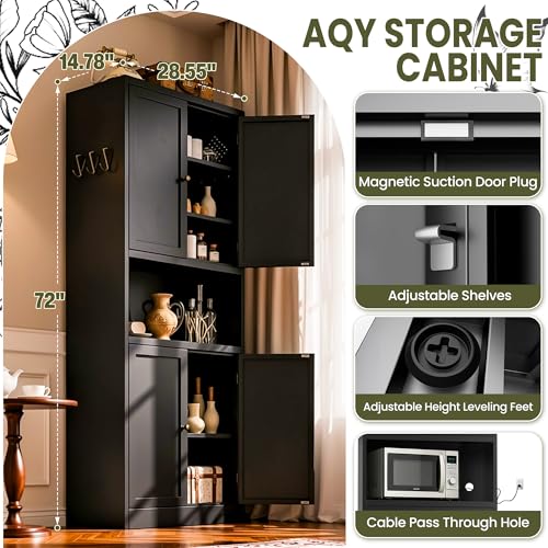 AQY Metal Pantry Cabinet, 72" Black Kitchen Storage Cabinet with Doors | Microwave Stand 3 Adjustable Shelves Freestanding Storage Metal Cabinet Kitchen Organization - color: Black, style: H72" - 4 Doors Wire Hole Hooks & Vents