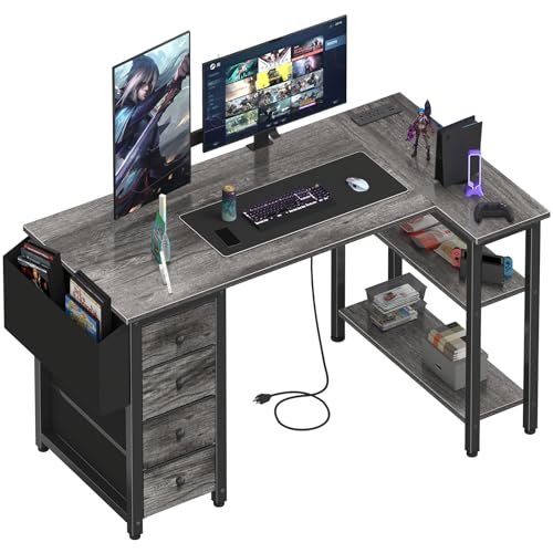 Lufeiya L Shaped Computer Desk with Drawers & Storage Shelves, 47 Inch Small Corner Desk with Power Outlet for Home Office Bedroom, L-Shaped Gaming PC Desks with Fabric Drawer, Gray - color: Grey, size: 47.2"