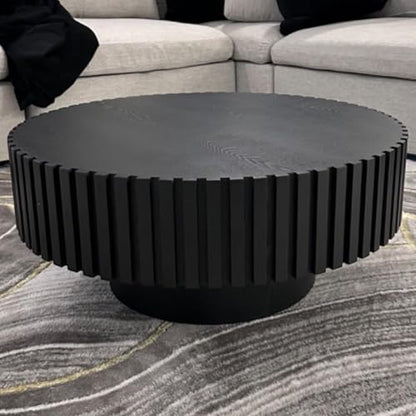 31.49'' Black Round Coffee Table for Living Room, Modern Wood Nesting Coffee Table Handcraft Circle Fluted Drum Coffee Table, Easy Assembly,Black - color: Black, size: 31.49"x17.91"x13.77"