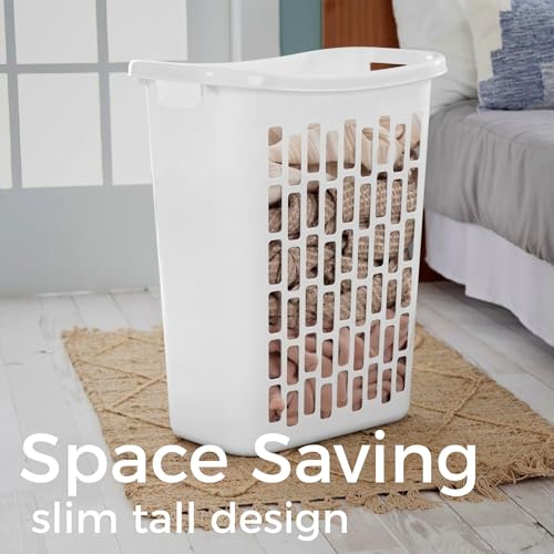 60L Plastic Laundry Hamper, White, Slim Tall Rectangular, Ventilated Clothes Basket with Handles, for Narrow Spaces, Bathroom, Dorm, and Apartments
