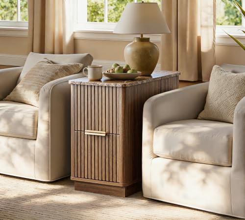 win2win Narrow End Table with Charging Station, Fluted Drawers, Walnut | Tall Small Side Table with Storage , Mid-Century Modern Nightstand with Faux Marble Top , Wood Beside Table for Living Room - color: Walnut
