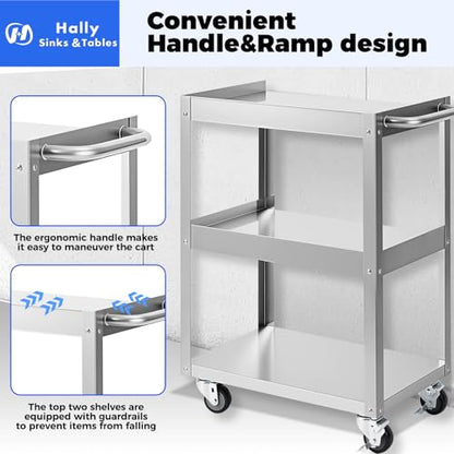Hally Stainless Steel Utility Cart 3 Tier NSF Rolling Carts 24" Lx16 Wx34 H | Commercial Heavy Duty Metal Mobile Food Cart, with Handle and Wheels, for Kitchen, Restaurant, Hospital, Laboratory and Home - size: 16''x24''x34''