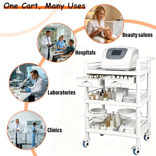 3-Tier Medical Mobile Trolley Cart, Rolling Esthetician Utility Cart | 330 Lbs Heavy Duty, with Drawers, Dirt Buckets & Bowl, 360° Rotate Lockable Wheels for Hospital, Dental Clinic, Beauty Salon - size: wide 28 in