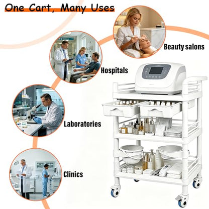 3-Tier Medical Mobile Trolley Cart, Rolling Esthetician Utility Cart | 330 Lbs Heavy Duty, with Drawers, Dirt Buckets & Bowl, 360° Rotate Lockable Wheels for Hospital, Dental Clinic, Beauty Salon - size: wide 28 in