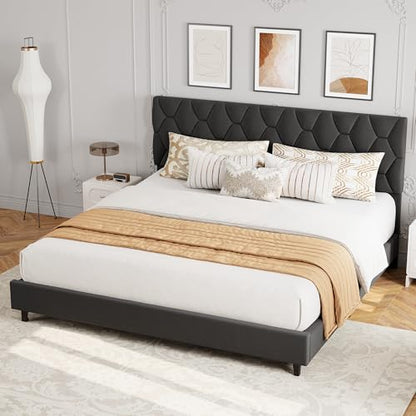 GAOMON Grey King Upholstered Bed Frame with Headboard, Heavy-Duty Platform Bed Frame with Strong Wood Slats, No Box Spring Needed/Easy Assembly/Noise Free | Heavy-Duty Bed Frame with Wooden Slats Support Upholstered Mattress Foundation No Box Spring Neede