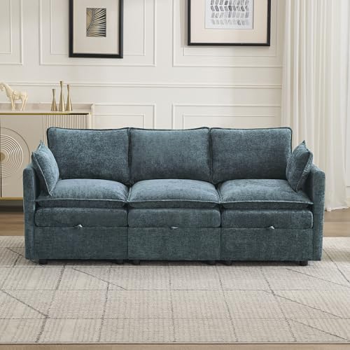 80" Cloud Modular 3 Seater Sofa with Storage, Modern Upholstered Storage Sofa Couch Deep Seat, Sectional Sofa Chenille Comfy Couch with Armrests for Living Room, Small Space, Blue - color: Blue, size: 80" 3 Seater