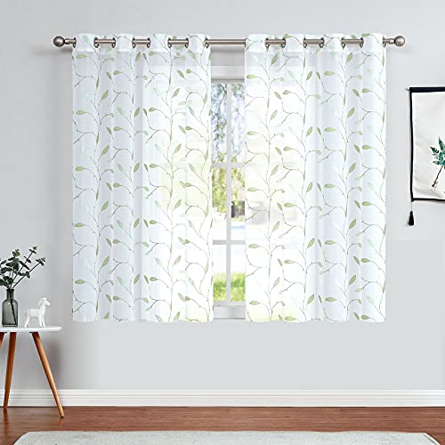 Sheer Curtains 63 Inches Length Floral Leaf Embroidered White Sheer Curtain for Bedroom Living Room Kitchen Farmhouse Voile Drapes Privacy Window Treatment Set of 2 Panels Green on White - color: *Grommet | Green on White, size: 55"W x 63"L (Pack of 2)