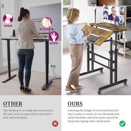 Enayplon Small Standing Desk with Wheels, Mobile Stand Up Desk, Portable Standing Table on Wheels for Walking Pad, Rolling Computer Desk Adjustable Height, Tall Table - color: Brown