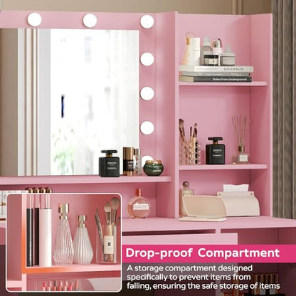 Palimder Vanity Desk with Mirror & Light, Large Drawer Three Level Storage Dresser, 3 Lighting Modes Adjustable Brightness, Bedroom Dressing Table - color: Pink