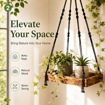 Novabright Hanging Window Plant Shelf, 16 Inch Wooden Macrame Style Shelf with Metal Grid Frame, Adjustable Cotton Rope Indoor Holder for Window, Wall or Ceiling, 50 lb Capacity