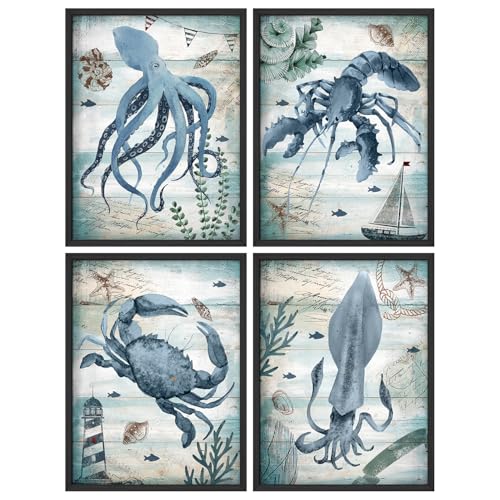 SIGNWIN Framed Nautical Wood Block Blue Octopus Lobster Crab Squid Fish Wall Art, Set of 4 Animals Wall Decor Prints, Nature Wilderness Wall Décor for Living Room, Bedroom - 11"x14" Black - color: A35-2303-slm8, size: 11"L x 14"W, style: Black Frame