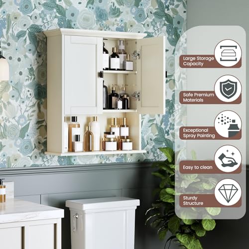 Bathroom Wall Cabinet, Medicine Cabinet Over The Toilet Storage Cabinet Wall Mounted with Build-in Spirit Level Cupboard Hanging Cabinet for Bathroom Laundry Kitchen Living Room, Cream White - color: Cream White