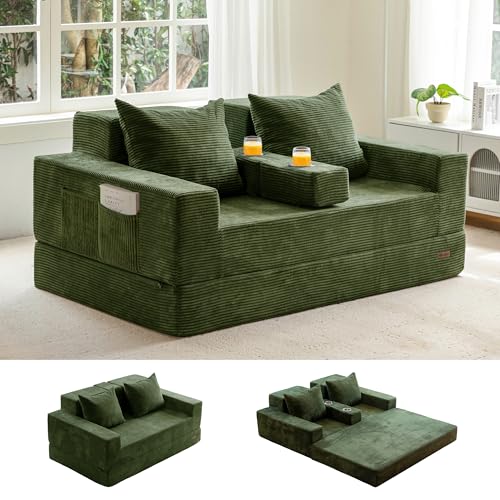 MAXYOYO Sofa Bed, 64-Inch Boneless Loveseat with 2 Cup Holders | Corded Green 4-in-1 Sofa Converts Into a Floor Couch or Recliner Chair; Sofa-in-a-Box Needs No Assembly for Living Rooms - color: Corded Green, size: Standard(64" Length)