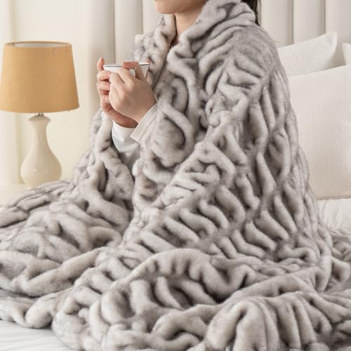 Battilo Rabbit Faux Fur Throw Blanket for Couch, Soft Fluffy Ruched Fur Blanket, Cozy Thick Warm Fuzzy Black Mink Blanket for Bed Chair Home Decor 60"x80"(Tip Dye Black) - color: Black Tip, size: 60"x80"