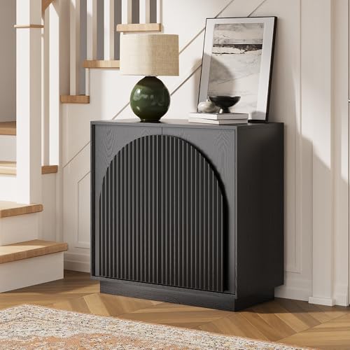 win2win 31.5" Small Buffet Cabinet with Storage, Arched Doors, Black, 1PCS | Modern Console Cabinet for Dining Living Room Kitchen Entryway, Modular Accent Cabinet, Credenza with Wood Grain, Fluted - color: Black