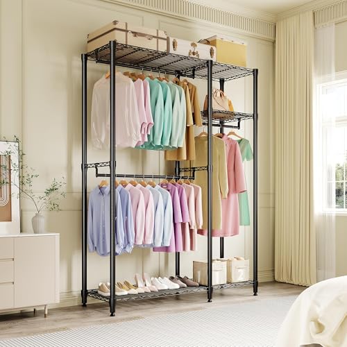 Freestanding Heavy Duty Garment Rack, Large, Black | Adjustable Shelves and Hanging Rods, 700 Lbs Capacity, Portable Closet Organizer, For Bedroom or Cloakroom Storage - size: 41.6"D x 15.5"W x 76.5"H