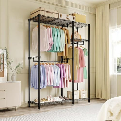 Freestanding Heavy Duty Garment Rack, Large, Black | Adjustable Shelves and Hanging Rods, 700 Lbs Capacity, Portable Closet Organizer, For Bedroom or Cloakroom Storage - size: 41.6"D x 15.5"W x 76.5"H