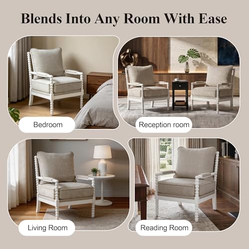 DUHOME Linen Fabric Spindle Accent Chairs Set of 2 with Wood Frame,Modern Accent Chairs with Padded Spring Seat and Brushed White Base for Living Room Bedroom Farmhouse Home Office Belcony - color: White+cream, size: 2 pcs