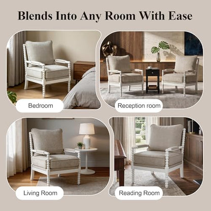 DUHOME Linen Fabric Spindle Accent Chairs Set of 2 with Wood Frame,Modern Accent Chairs with Padded Spring Seat and Brushed White Base for Living Room Bedroom Farmhouse Home Office Belcony - color: White+cream, size: 2 pcs