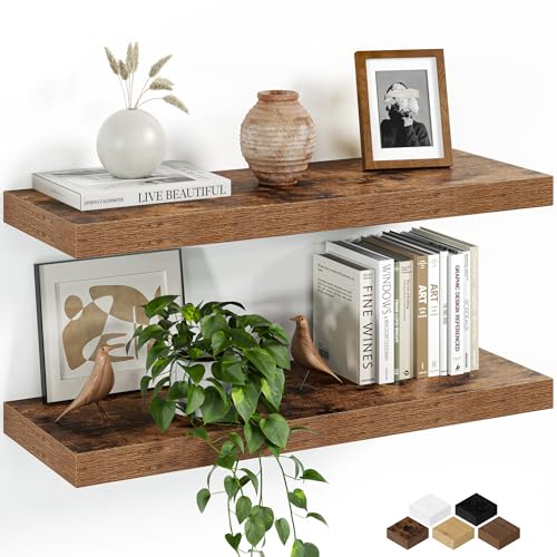 Fun Memories Floating Shelves for Wall, 24 Inch Set of 2 Rustic Wood Wall Shelves with Invisible Brackets, Heavy Duty Storage Display for Living Room Bedroom Kitchen, Brown - color: Rustic Brown, size: 6.5"D x 24"L - 2Pack