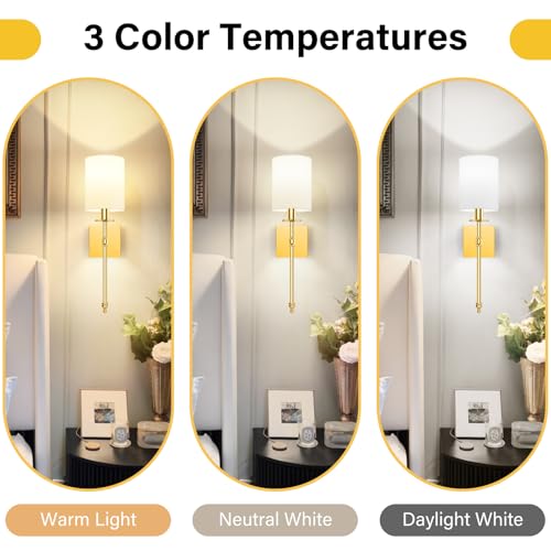 19.9 Inch Wall Sconces Battery Operated Set of 2, Gold Rechargeable Wireless Wall Sconces Lights with Remote, Not Hardwired Dimmable Wall Lamps with White Fabric Shade for Bedroom, 2 Bulbs Included - color: Gold and White, size: 19.9 inch