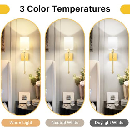 19.9 Inch Wall Sconces Battery Operated Set of 2, Gold Rechargeable Wireless Wall Sconces Lights with Remote, Not Hardwired Dimmable Wall Lamps with White Fabric Shade for Bedroom, 2 Bulbs Included - color: Gold and White, size: 19.9 inch