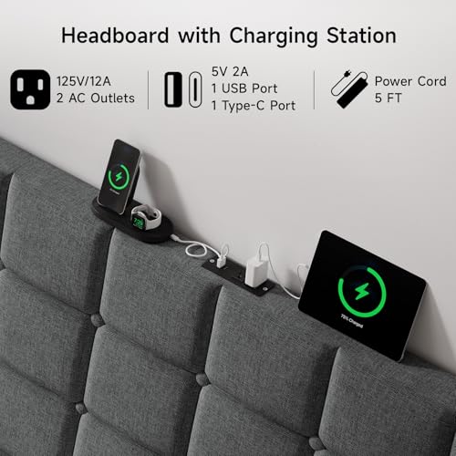 Ergonomic Upholstered Headboard Full Size w/Charging Station, Linen Wingback Headboards w/Storage Pocket, Full Headboard Only, Bed Frame Adapters, Sturdy Stable Solid Wood Bed Head Board, Dark Grey - color: Dark Grey, size: Full