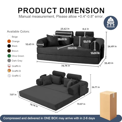 79" Convertible Futon Sofa Bed,High Back Boneless Couch for Living Room | 5-in-1 Corduroy Boneless Loveseat Sleeper, Futon Couch with Ergonomic Support & Side Storage Pocket, No Assembly,Black - color: Black, size: 79" High Backrest Sofa