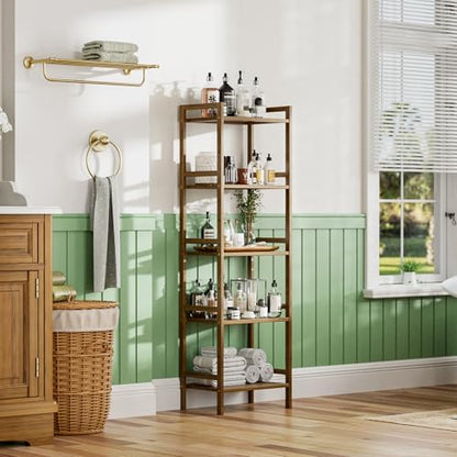 HITNET Bamboo Book Shelf, Tall Narrow Bookcase, Bathroom Shelving Unit 5 Tier Floor Standing Adjustable Bookshelf for Small Spaces, Walnut - color: Walnut