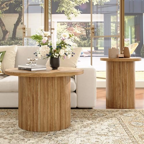 Nesting Coffee Table Set of 2, Mid Century Modern Round Coffee Tables, Wood Slat Side Table Set for Living Room, Office, Balcony (Natural Oak) - color: Natural Oak