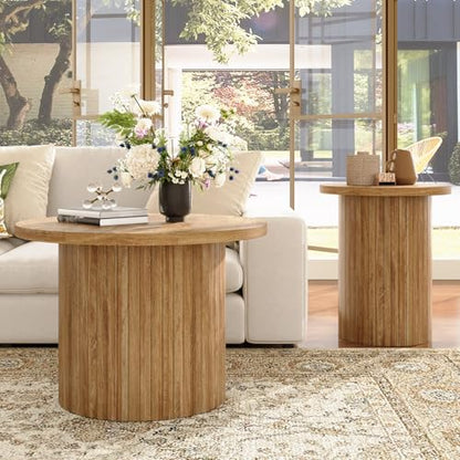 Nesting Coffee Table Set of 2, Mid Century Modern Round Coffee Tables, Wood Slat Side Table Set for Living Room, Office, Balcony (Natural Oak) - color: Natural Oak